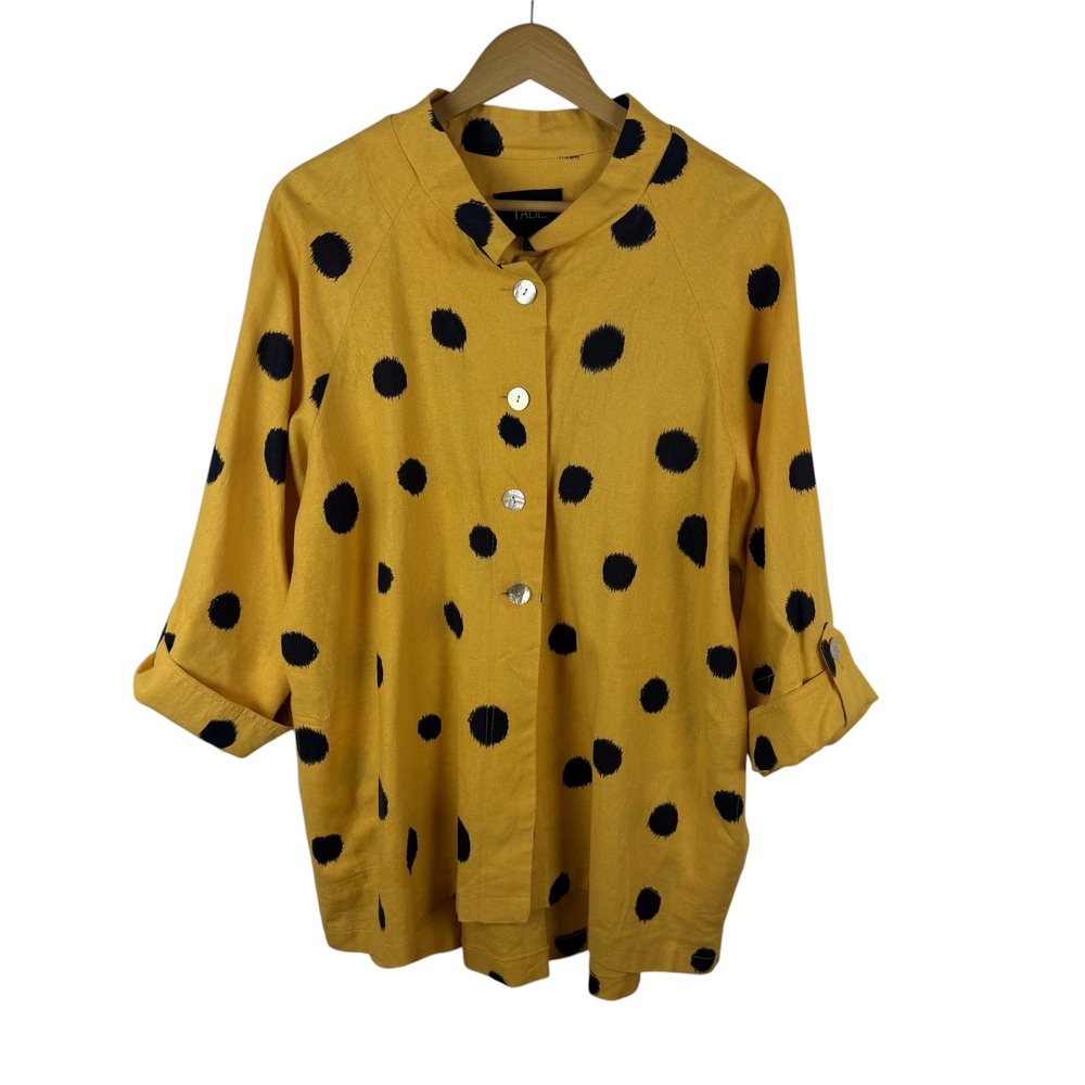 Talie Polka Dot Linen Blend Shirt XL Yellow Lagenlook Lagom Oversized Retro